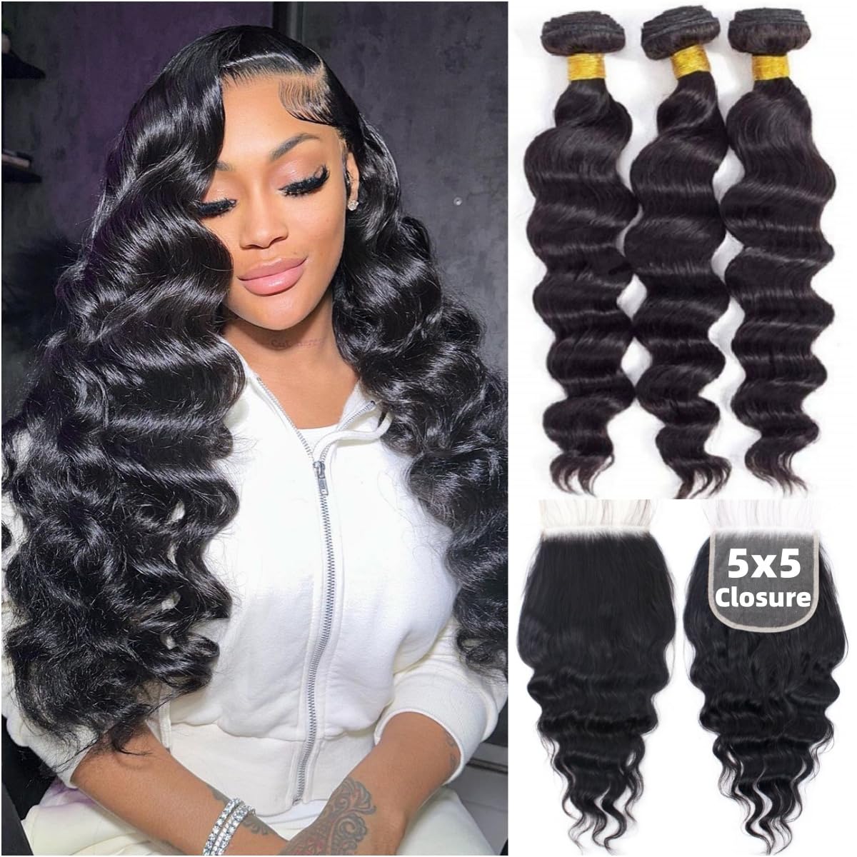 Deep Wave 3 Bundles With Closure - Fasci di capelli umani a onde