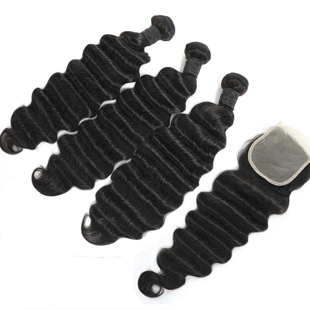 Deep Wave 3 Bundles With Closure - Ciocche di Capelli Umani Grezzi a